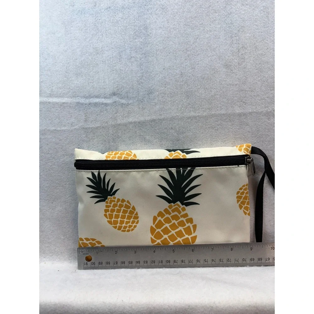 Pineapple Print Canvas Wristlet Pouch Zipper Makeup Travel Bag Cream Yellow